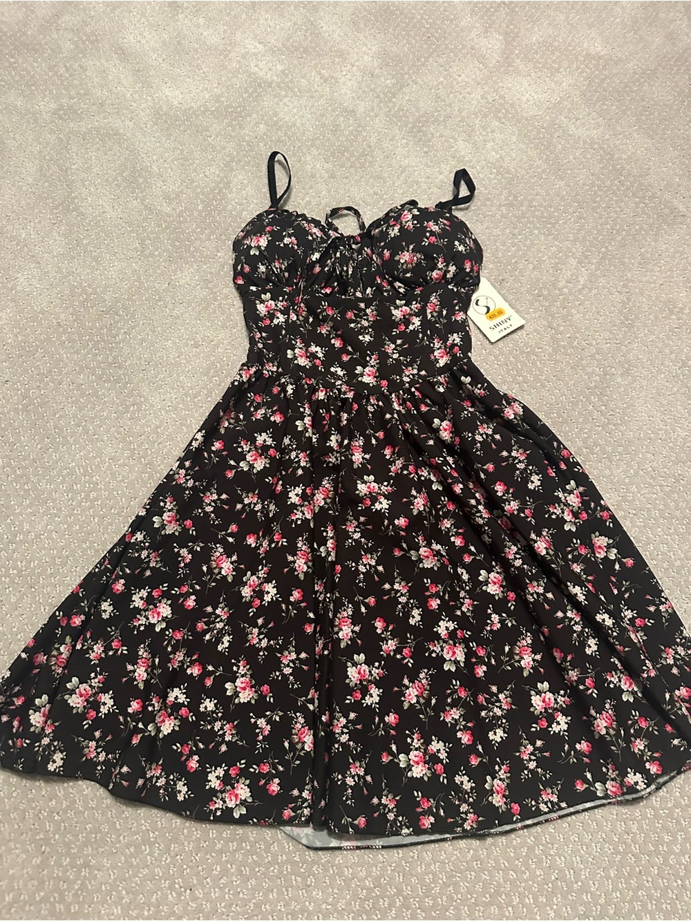 Shiny Italy Black Floral Fit-and-Flare Dress with Pink Roses
